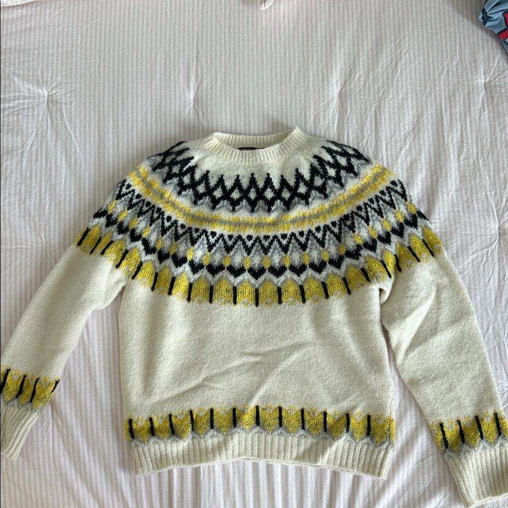Maje Cream Sweater with Yellow and Black Pattern